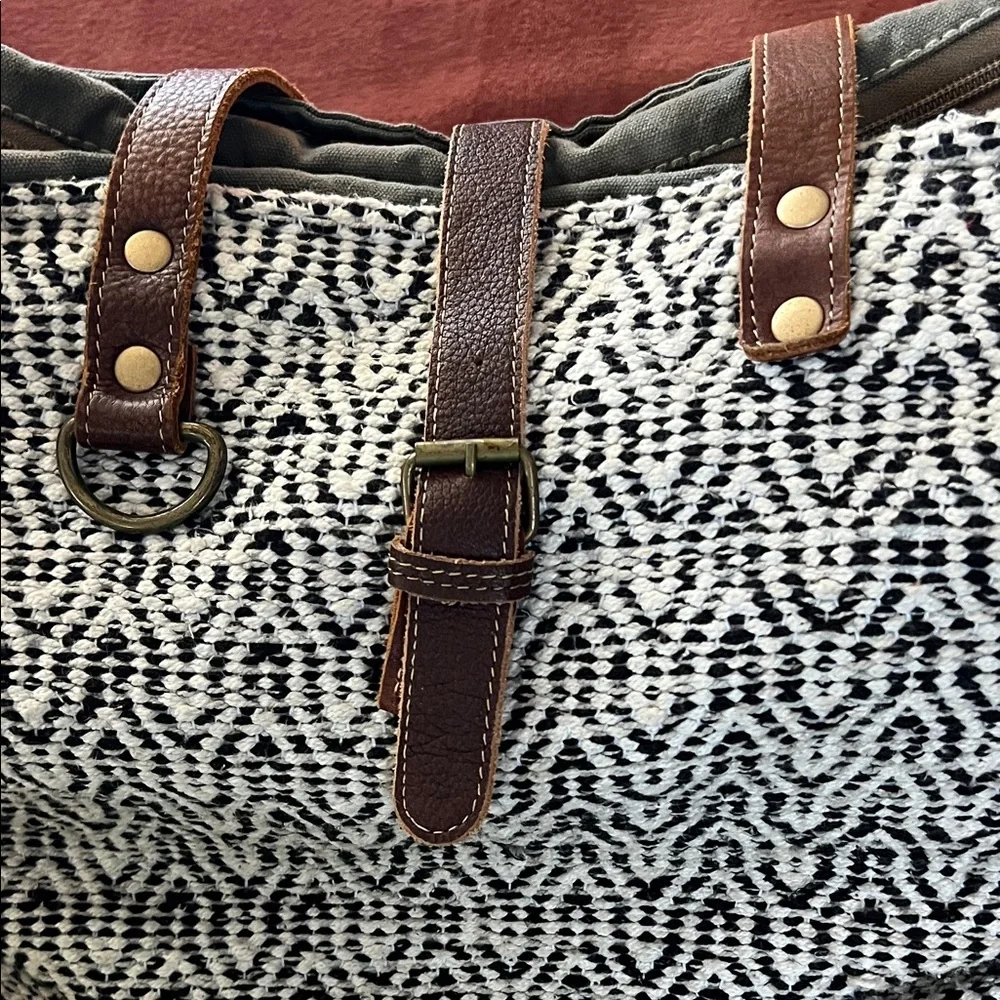 Myra Bag Black & White Woven Tote with Brown Leather Trim